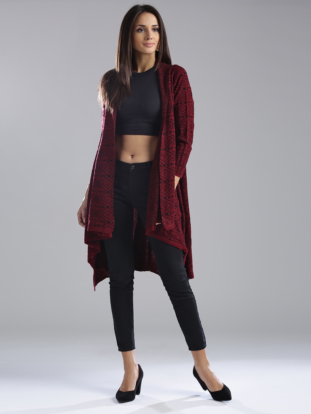 

W Women Maroon Self-Design Front-Open Cardigan