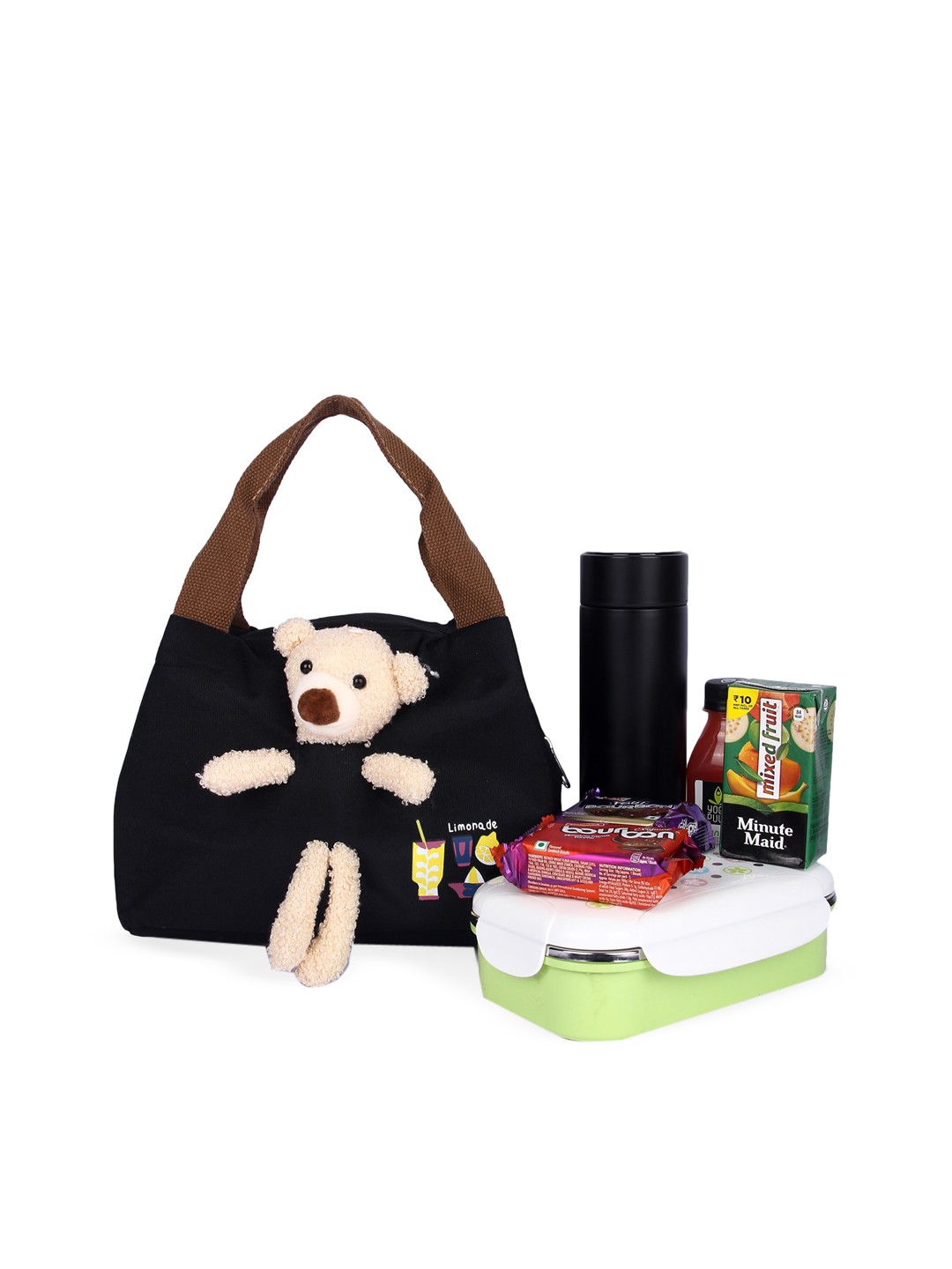 

Instabuyz Teady Bear Embellished & Lemonade Printed Cotton Insulated Lunch Bag, Black