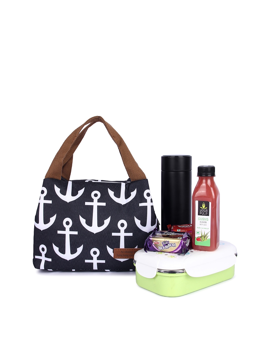 

Instabuyz Printed Cotton Insulated Leak-proof Lunch Bag, Black