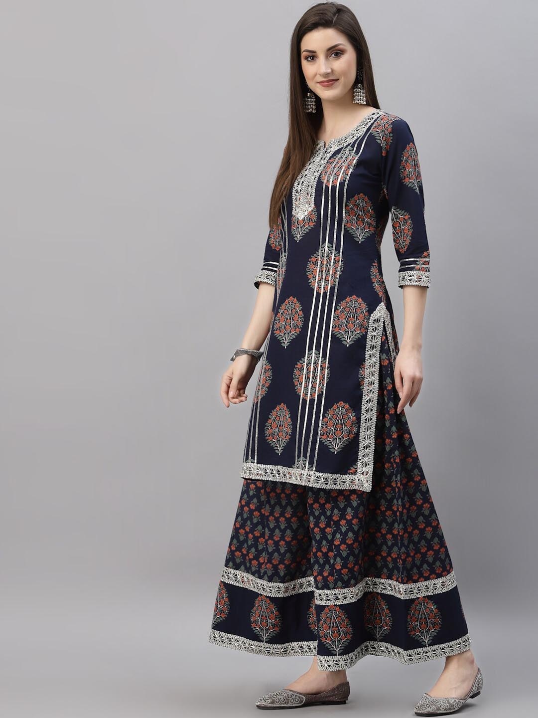 

Rudra Bazaar Floral Printed Gotta Patti Pure Cotton Kurta with Sharara, Blue