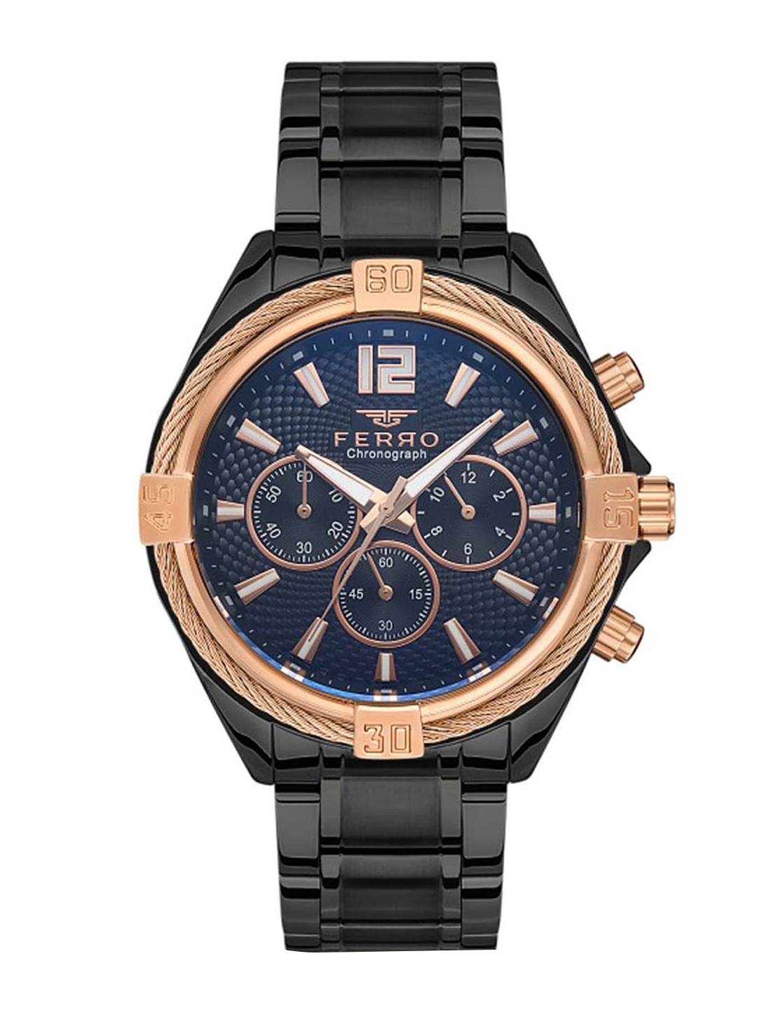 

Ferro Men Brass Dial & Stainless Steel Bracelet Style Straps Analogue Chronograph Watch, Navy blue