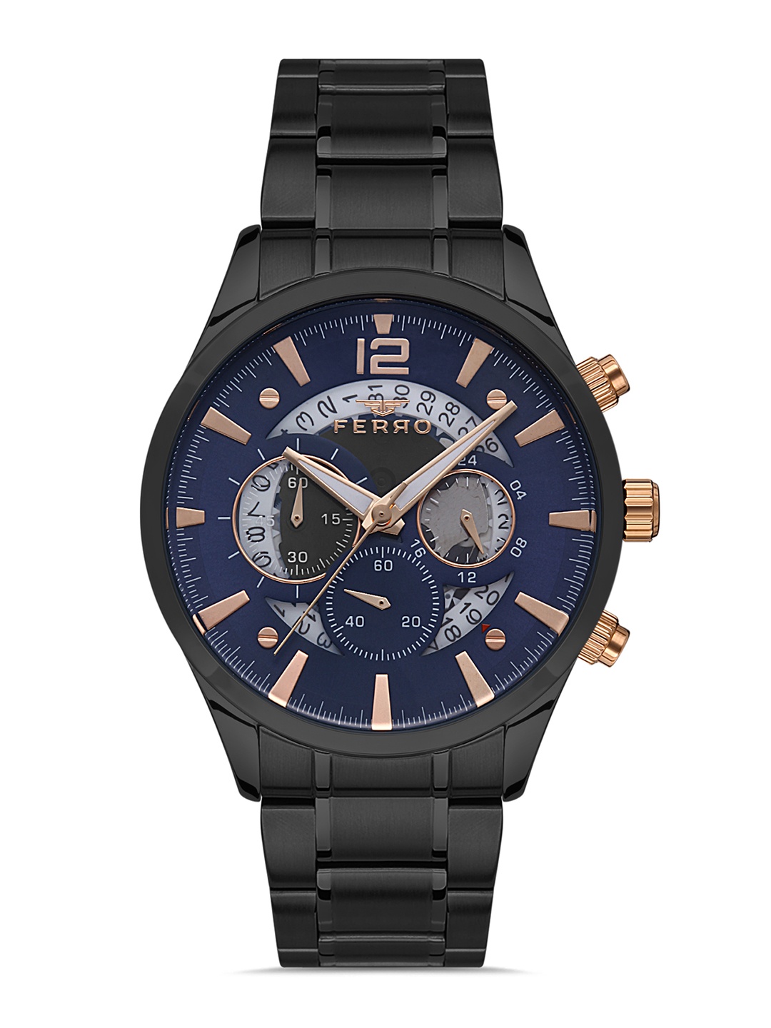 

Ferro Men Brass Skeleton Dial & Stainless Steel Analogue Multi Function Watch FM11320A-V3, Blue