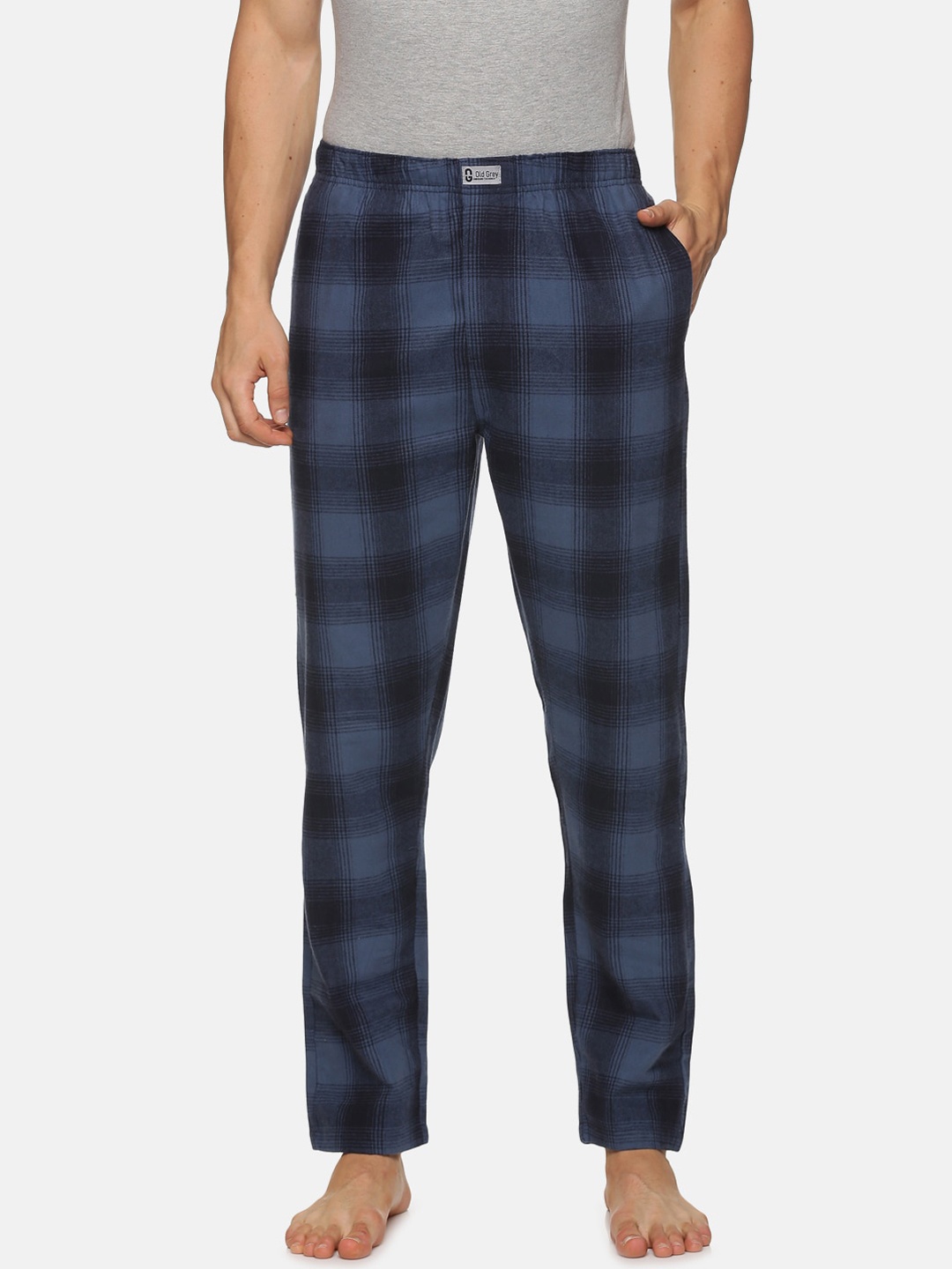 

Old Grey Men Checked Cotton Mid-Rise Straight Lounge Pants, Navy blue
