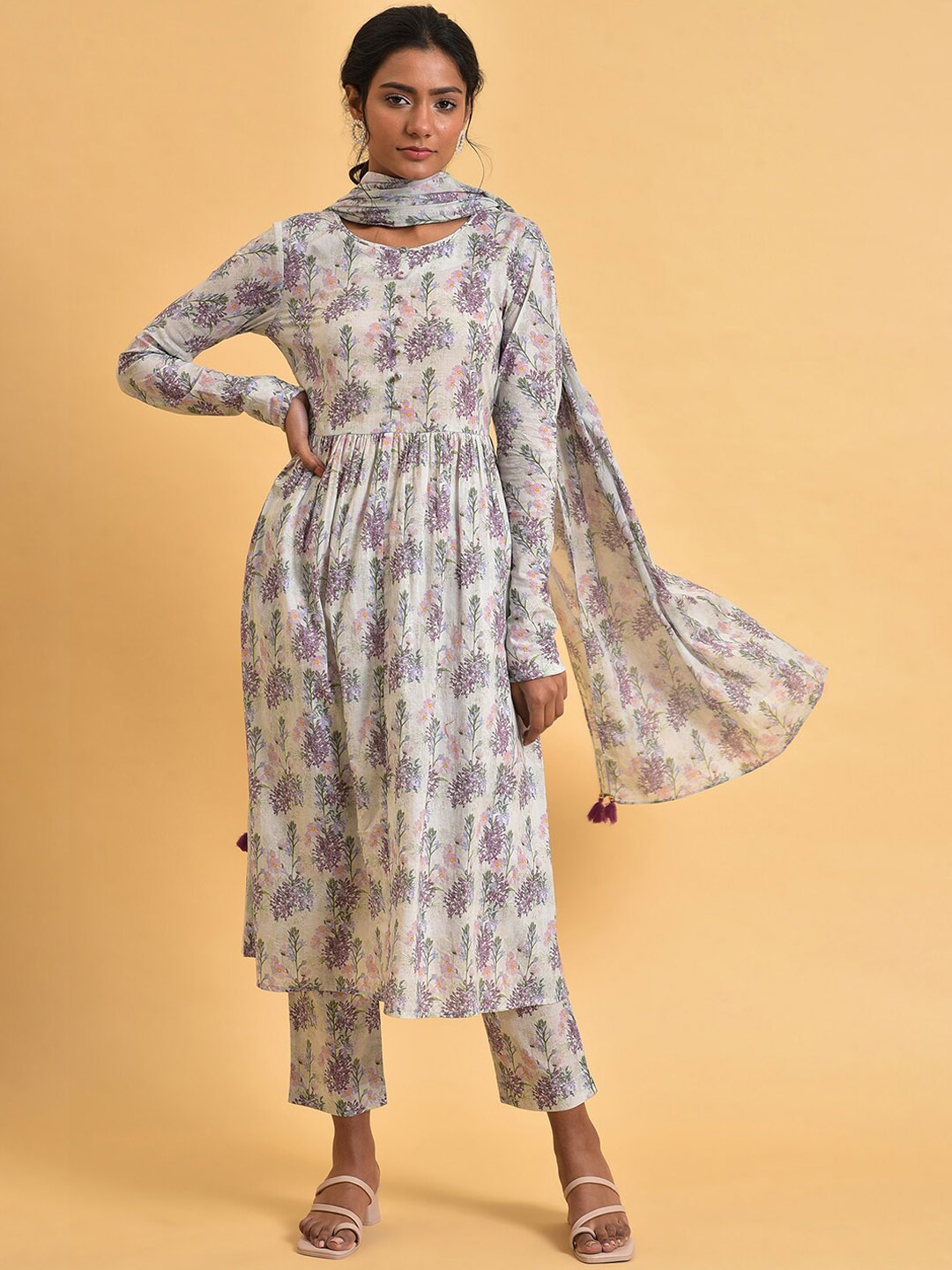 

W Floral Printed Pure Cotton A-Line Kurta with Trousers & With Dupatta, Off white