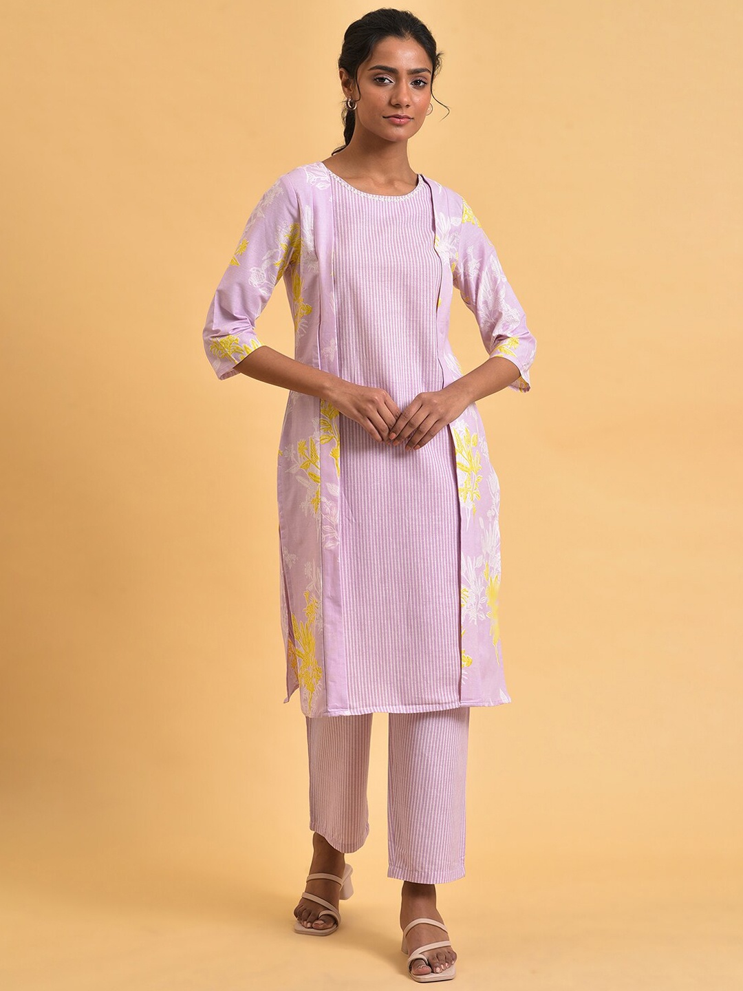 

W Striped Pure Cotton Layered Straight Kurta with Trousers, Lavender