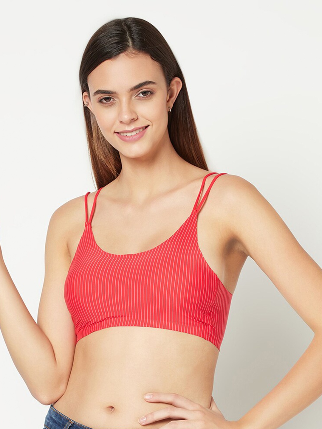 

PRETTYBOLD Striped Lightly Padded Seamless Full Coverage T-Shirt Bra, Red