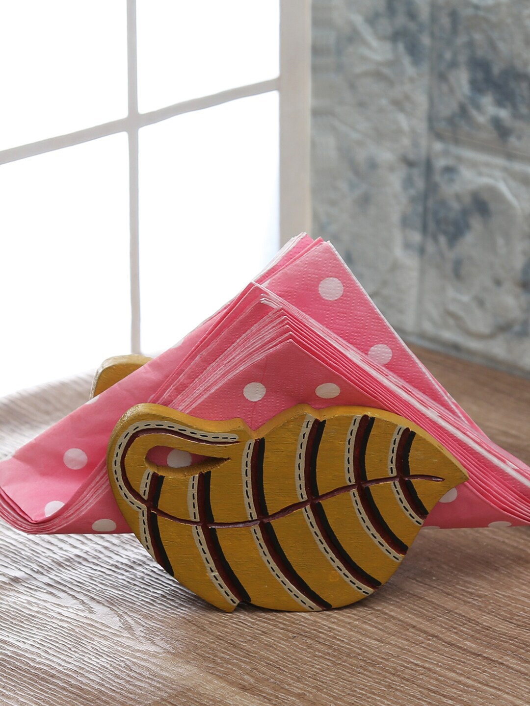 

Aapno Rajasthan Yellow Printed Fish Shaped Wooden Napkin Holder