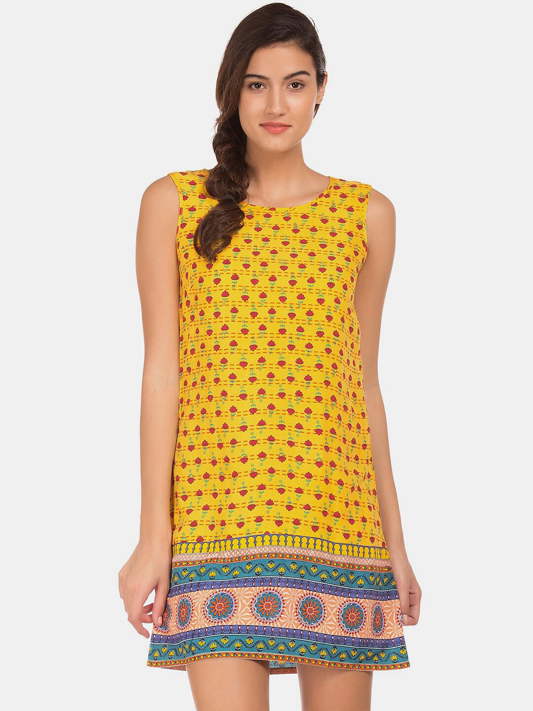

V-Mart Ethnic Motifs Printed Round Neck Sleeveless Kurti, Yellow
