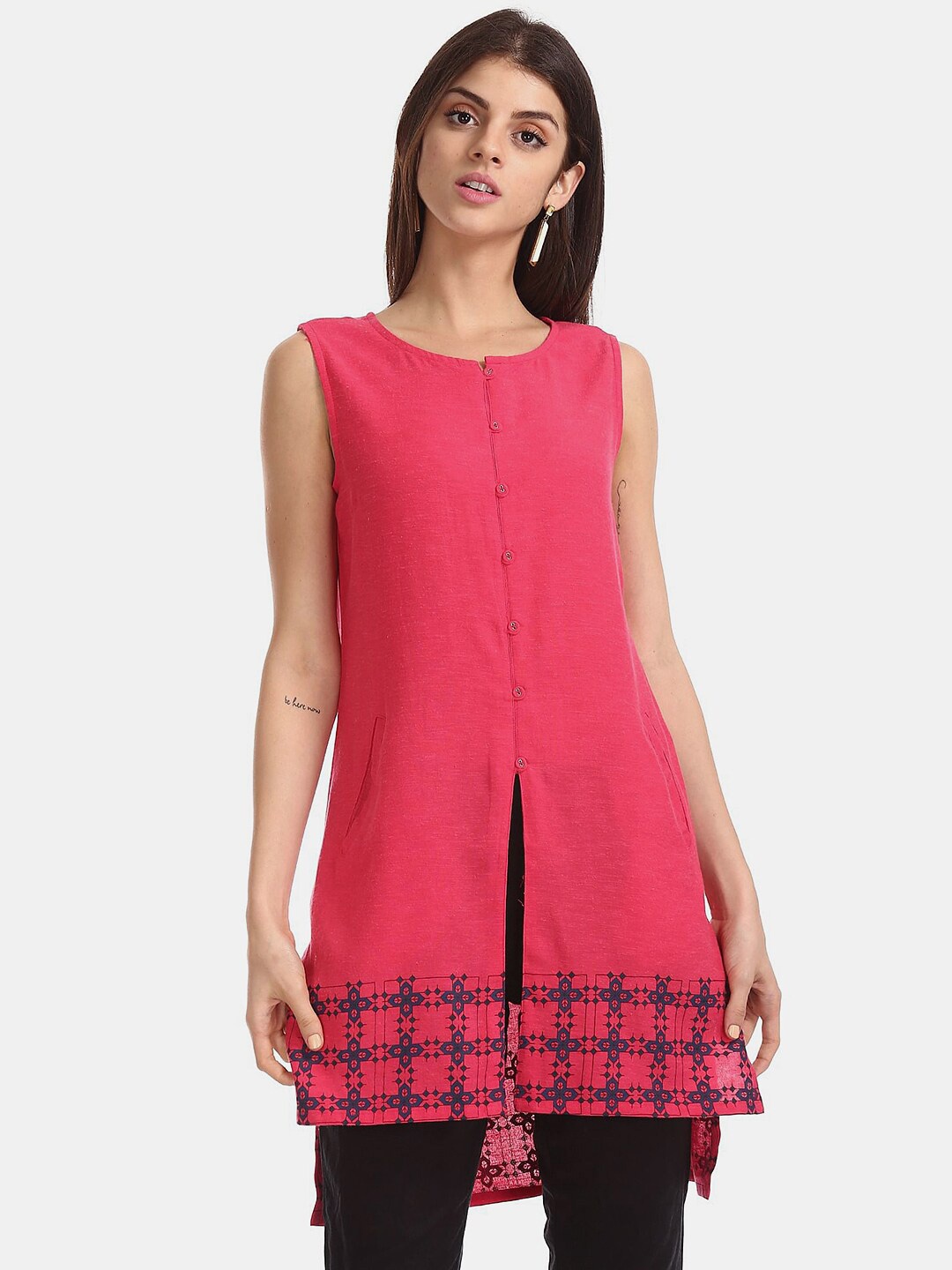 

V-Mart Round Neck Sleeveless High-Low A-Line Kurti, Pink