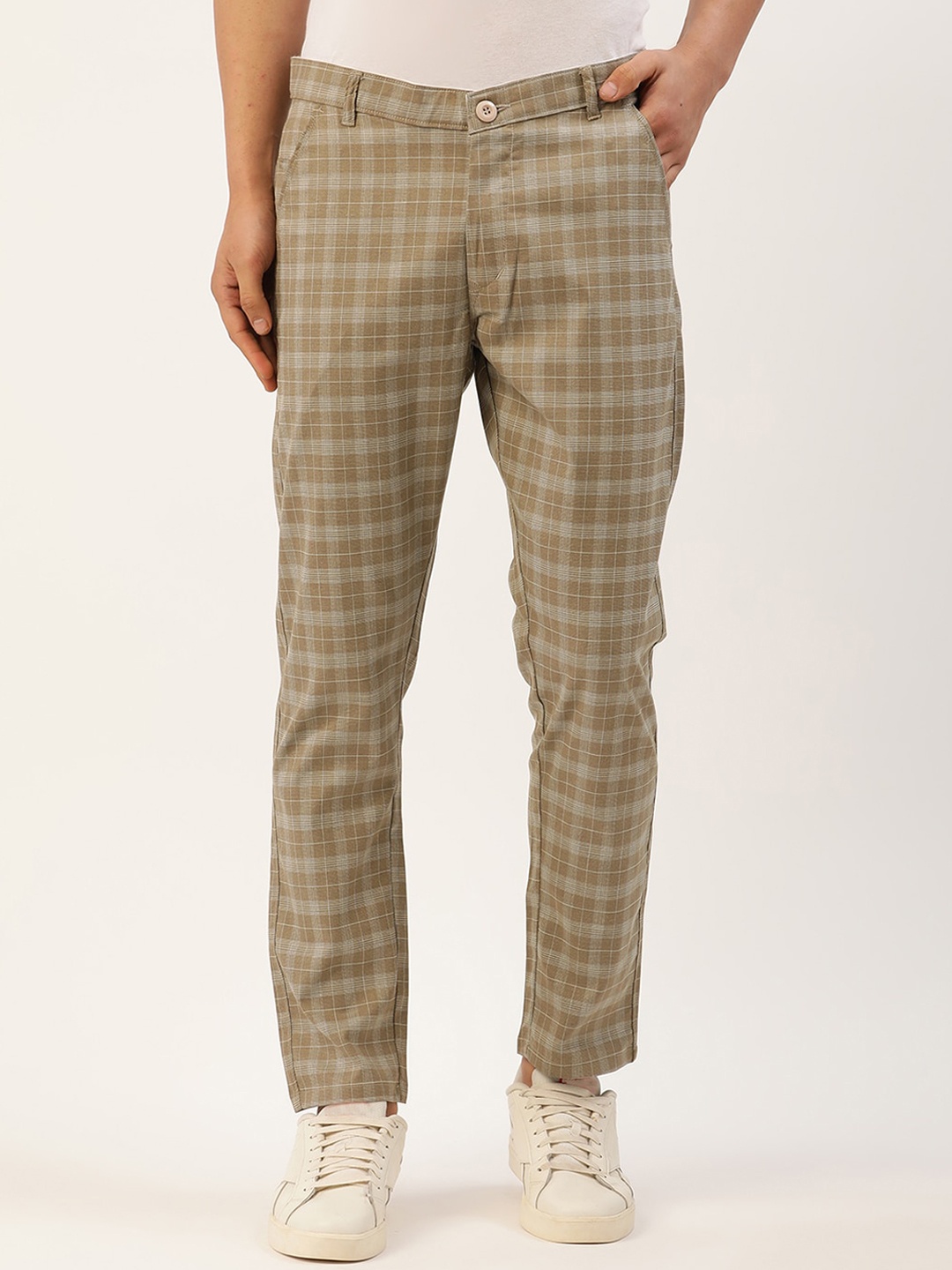 

JAINISH Men Checked Relaxed Tapered Fit Pure Cotton Easy Wash Trousers, Beige