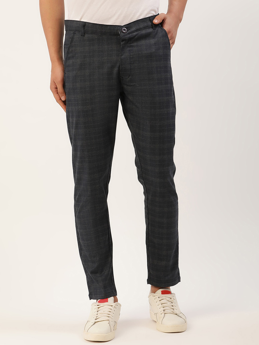 

JAINISH Men Checked Relaxed Tapered Fit Cotton Trousers, Charcoal