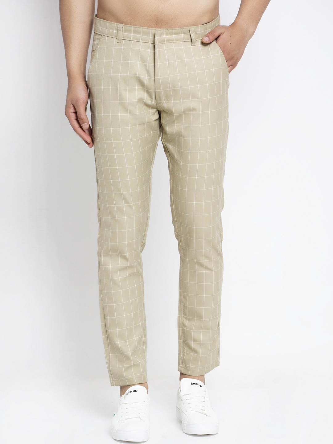 

JAINISH Men Checked Relaxed Tapered Fit Pure Cotton Trousers, Cream