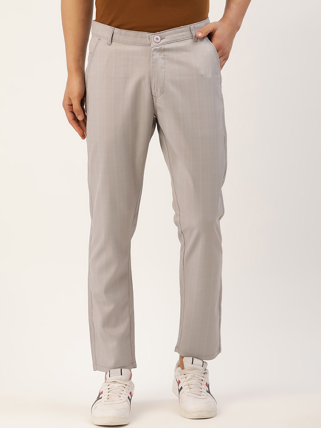 

JAINISH Men Grey Checked Relaxed Tapered Fit Easy Wash Cotton Trousers