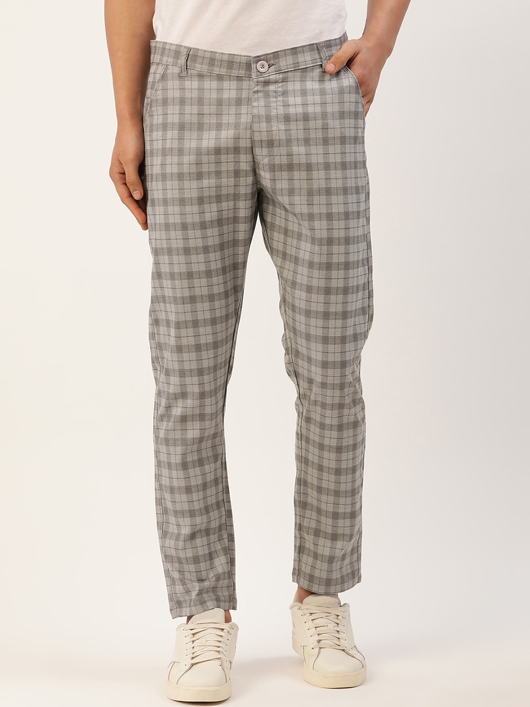 

JAINISH Men Checked Relaxed Tapered Fit Pure Cotton Easy Wash Trousers, Grey
