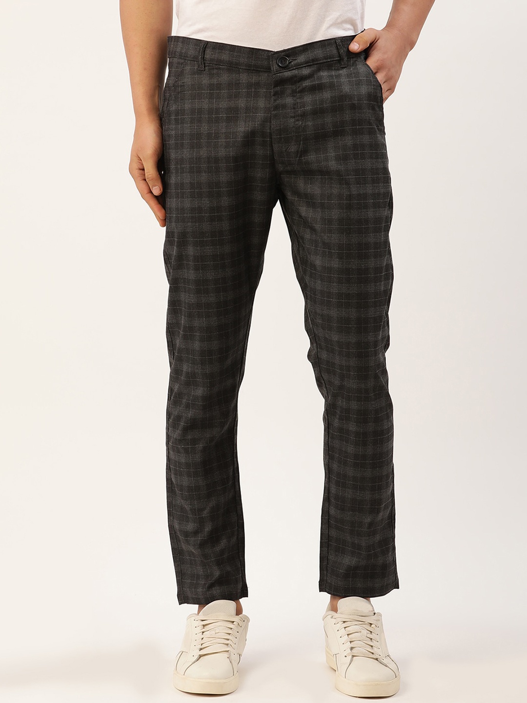 

JAINISH Men Checked Relaxed Tapered Fit Pure Cotton Easy Wash Trousers, Black