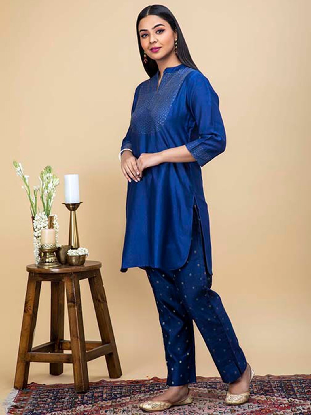 

SMRITI GUPTA Women Yoke Design Chanderi Cotton Kurta With Trousers, Navy blue