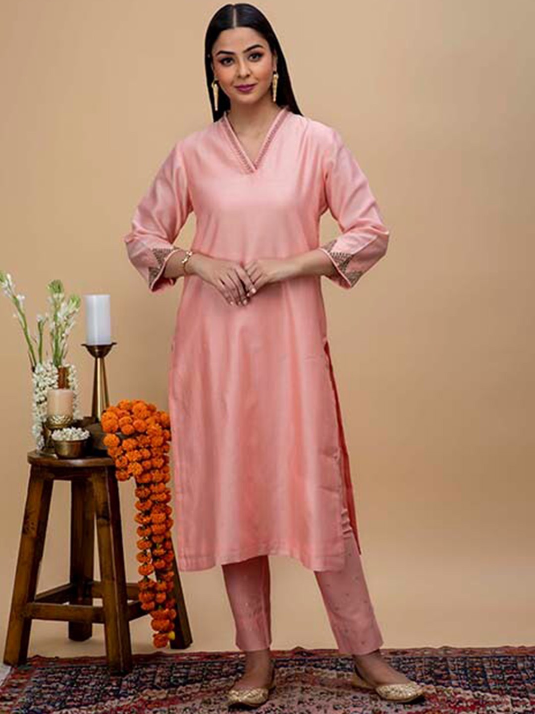 

SMRITI GUPTA Embroidered Chanderi Cotton Kurta with Trousers & Dupatta, Peach