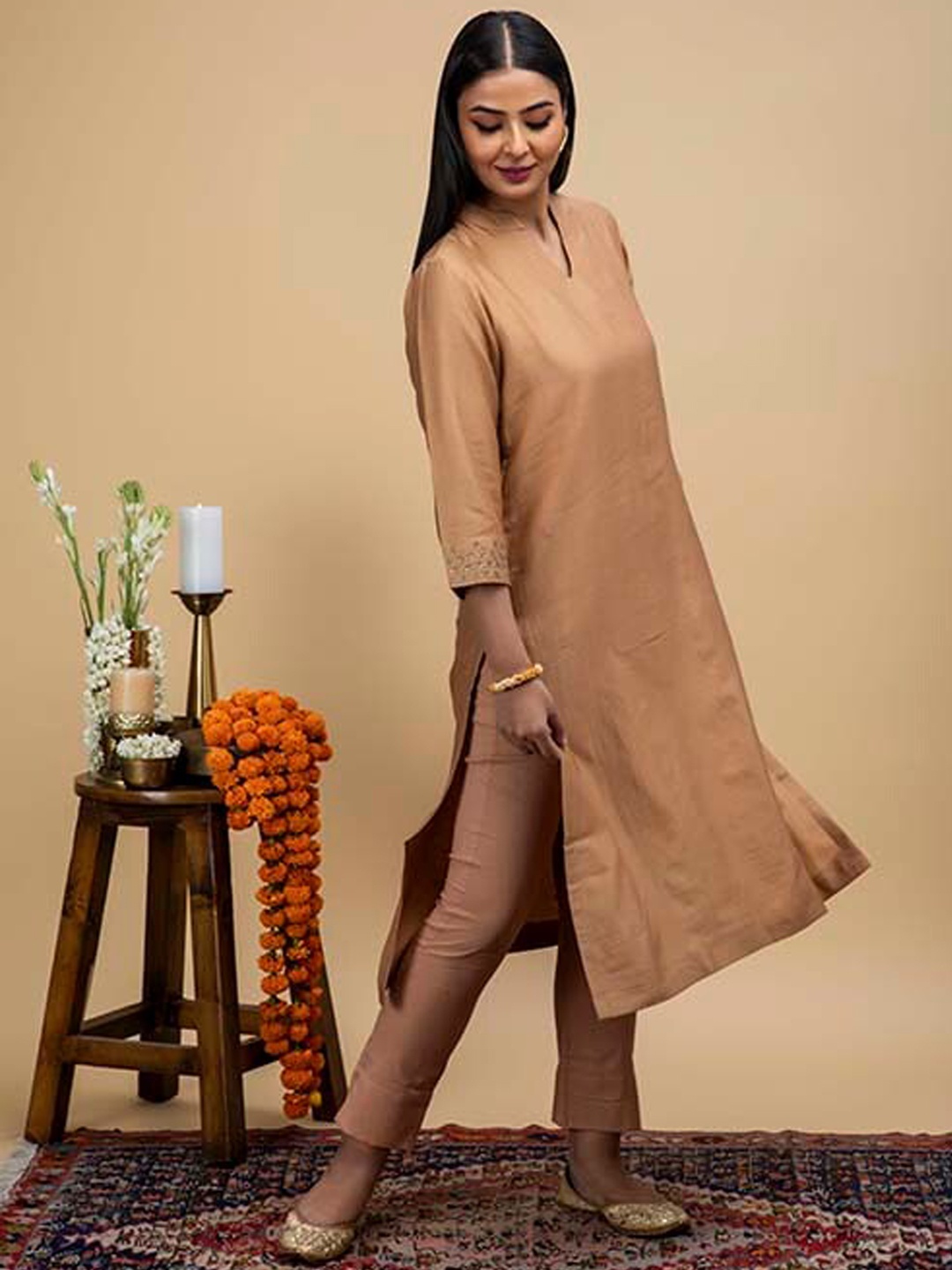 

SMRITI GUPTA Embroidered Thread Work Chanderi Cotton Kurta with Trousers, Brown