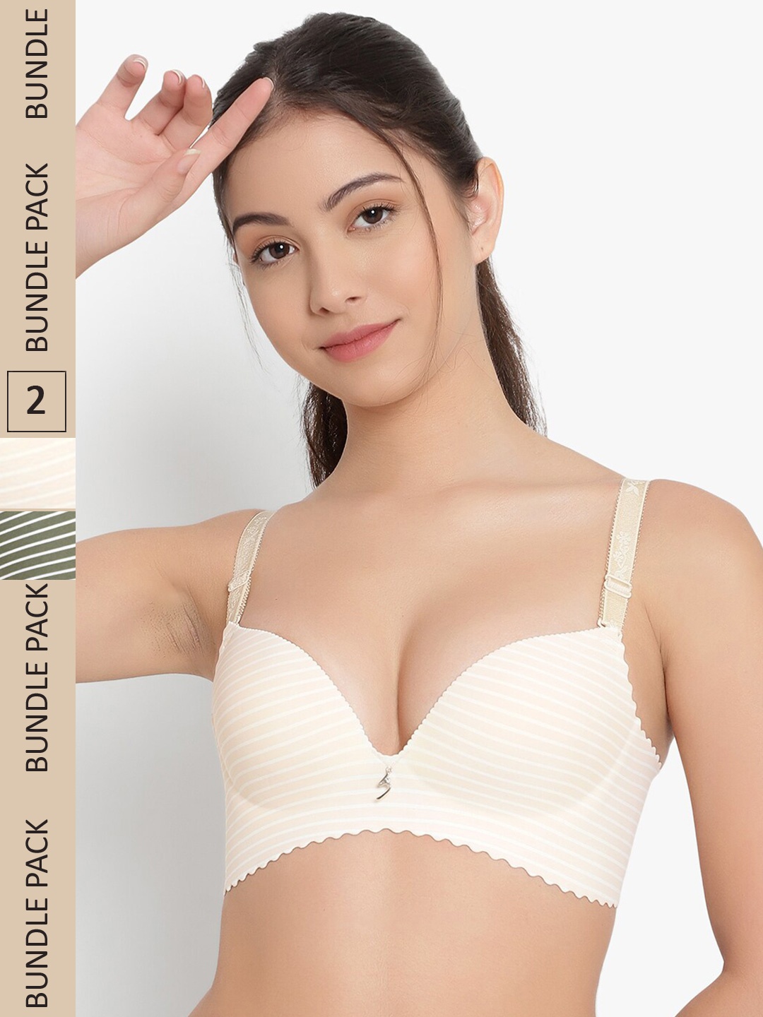 

PARKHA Pack Of 2 Striped Heavily Padded Seamless Non-Wired Bra, Off white