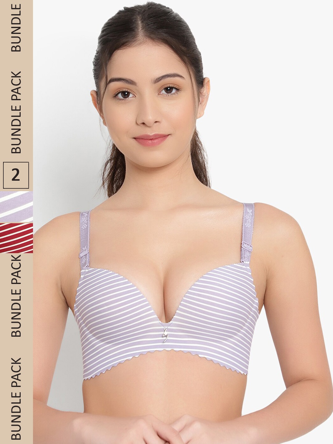 

PARKHA Pack of 2 Striped Non-Wired Heavily Padded Seamless Push-Up Bra, Purple
