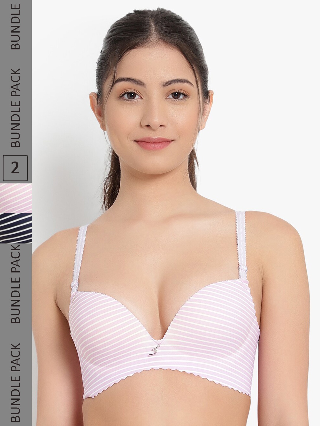 

PARKHA Pack of 2 Striped Non-Wired Heavily Padded Seamless Push-Up Bra, Blue