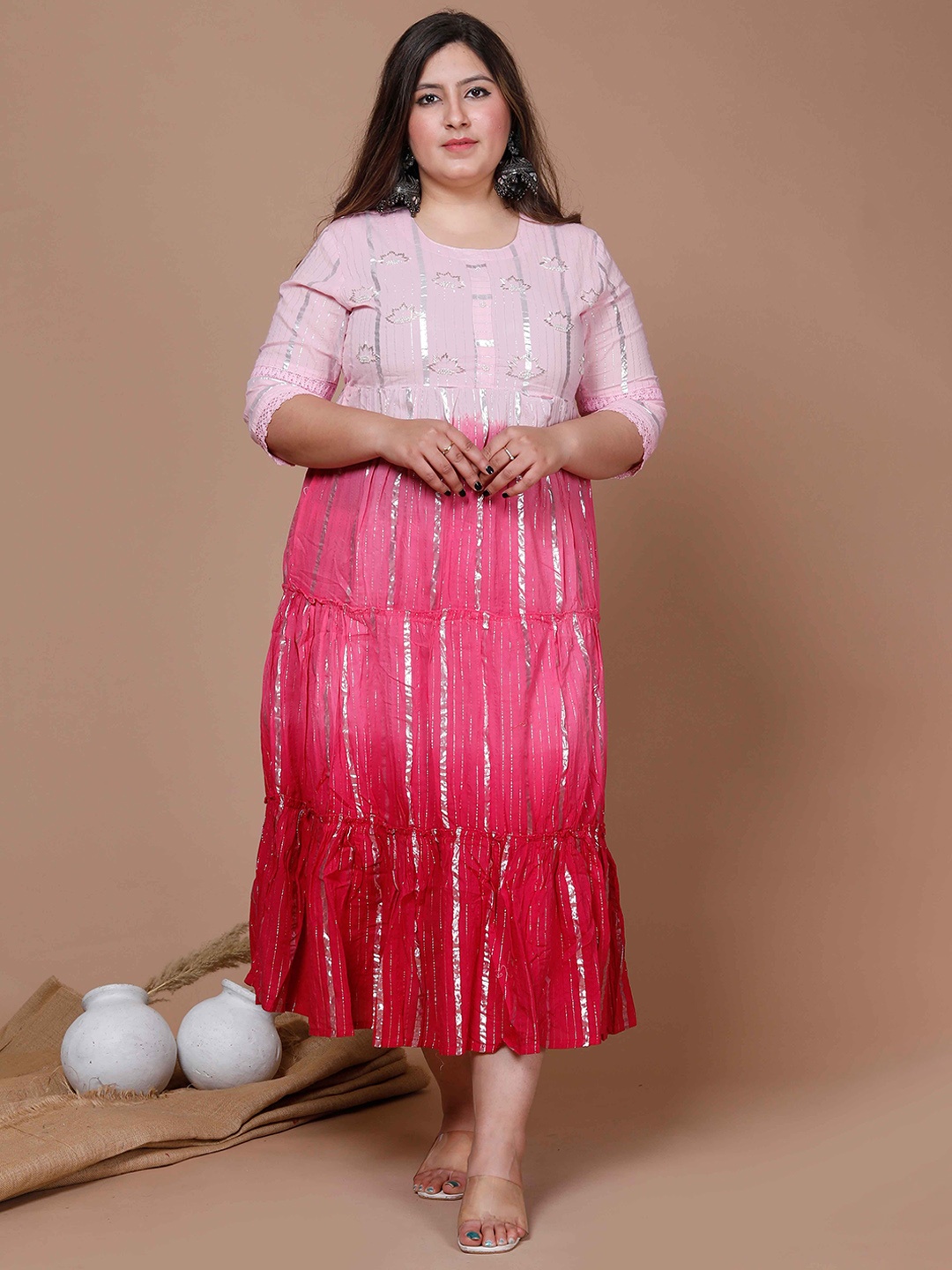 

MIRAVAN Plus Size Tye Dye Embroidery Cotton Anarkali Kurta, Pink