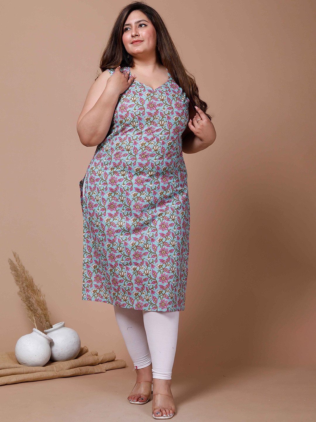 

MIRAVAN Plus Size Floral Printed Sleeveless Pure Cotton Kurta, Blue