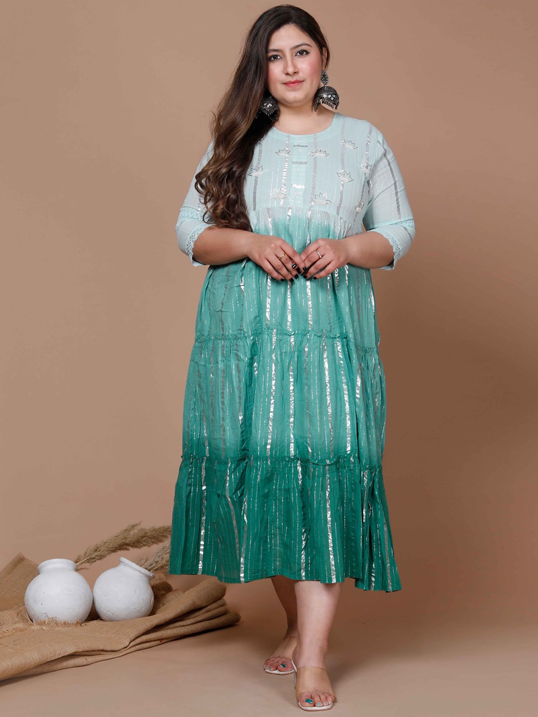 

MIRAVAN Plus Size Ombra Embellished A-Line Ethnic Dress, Green