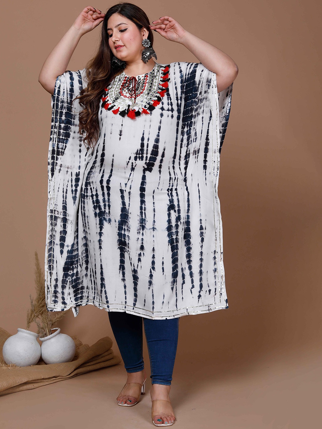 

MIRAVAN Plus Size Tie and Dye Embroidered Cotton Tie-Up Neck Kaftan Kurta, White