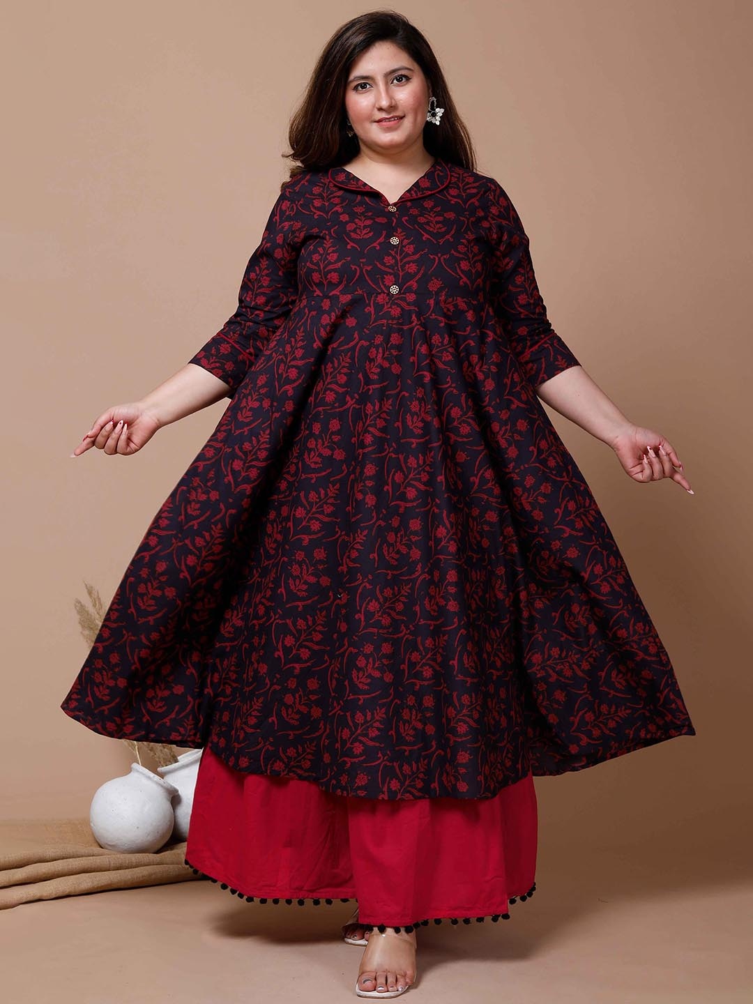 

MIRAVAN Women Plus Size Floral Printed Cotton Anarkali Kurta, Navy blue