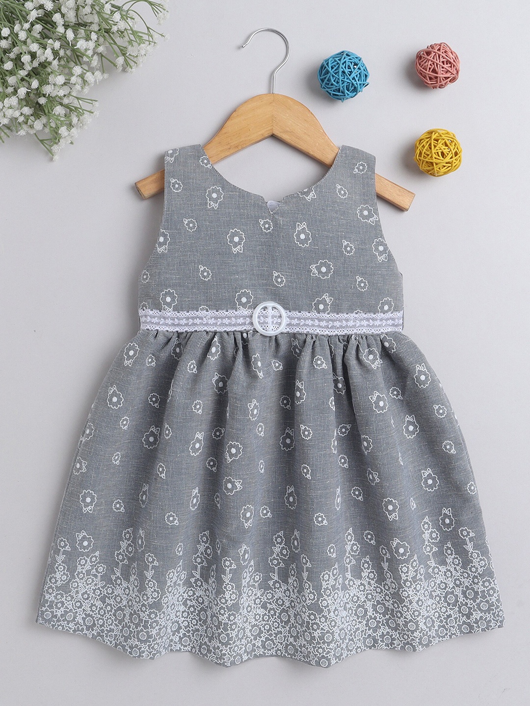 

The Magic Wand Girls Floral Printed Gathered Dress With Lace Inserted, Grey