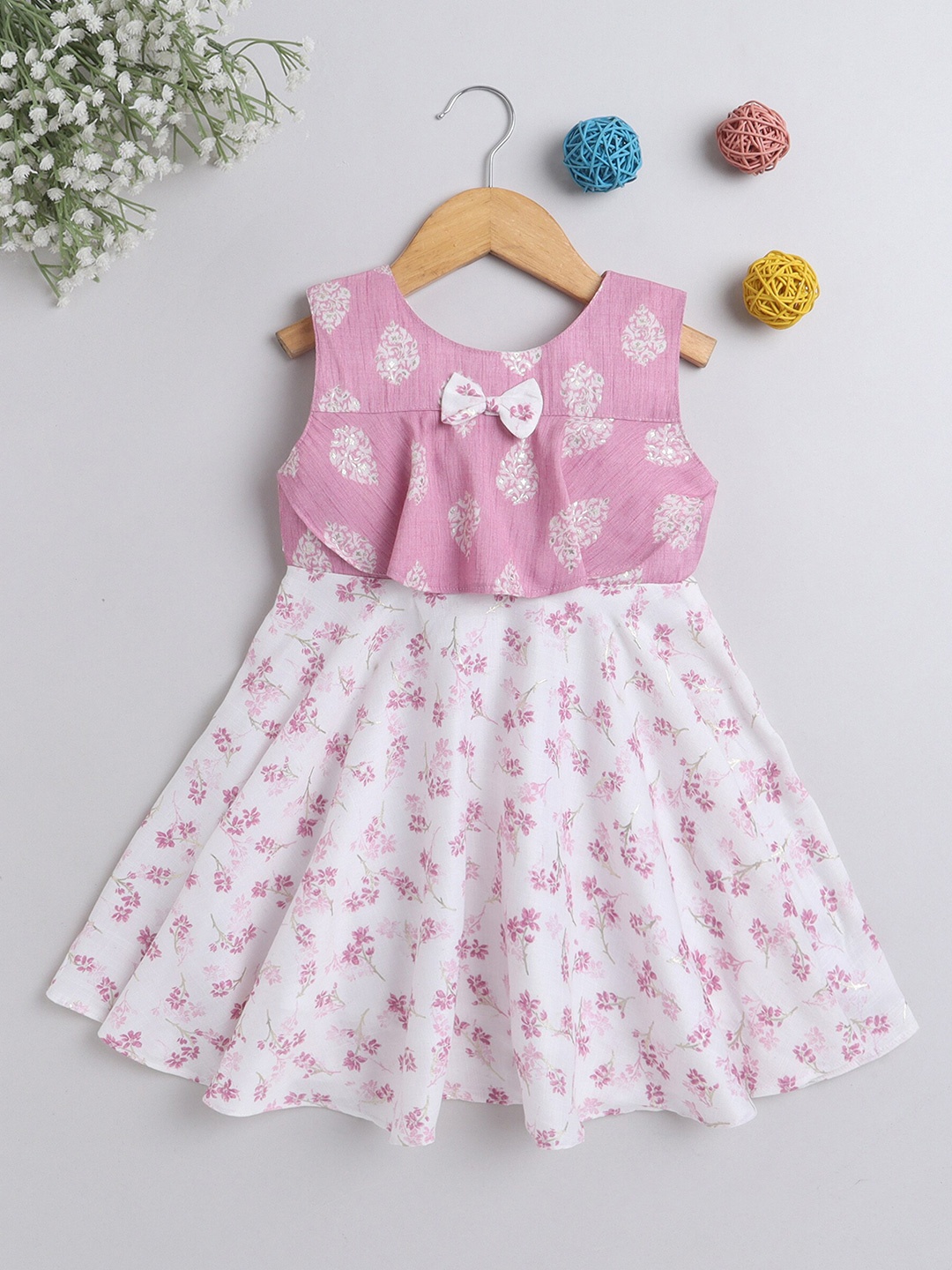 

The Magic Wand Girls Floral Printed Casual Fit & Flare Dress, Pink