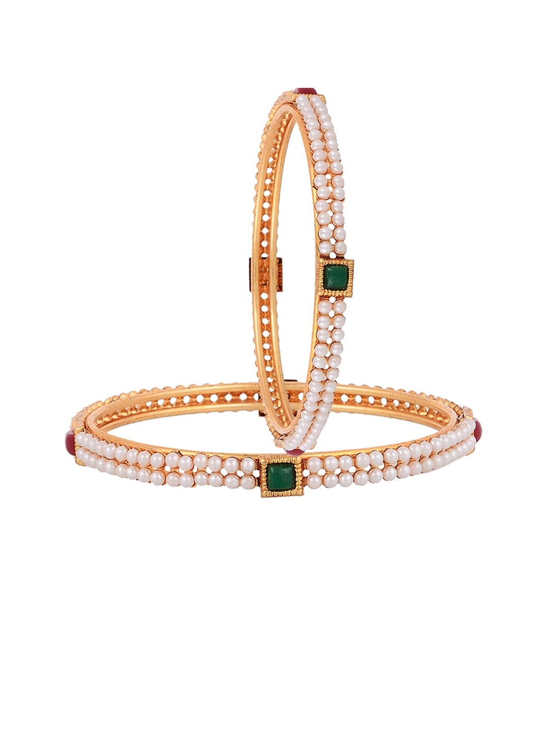 

The Pari Set Of 2 Gold-Plated Stone-Studded & Pearl Beaded Bangles