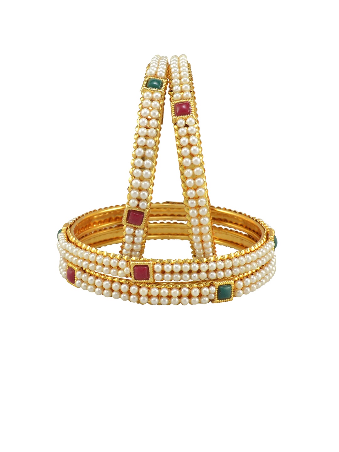 

The Pari Set Of 4 Gold-Plated Pearl-Beaded & Stone-Studded Bangles