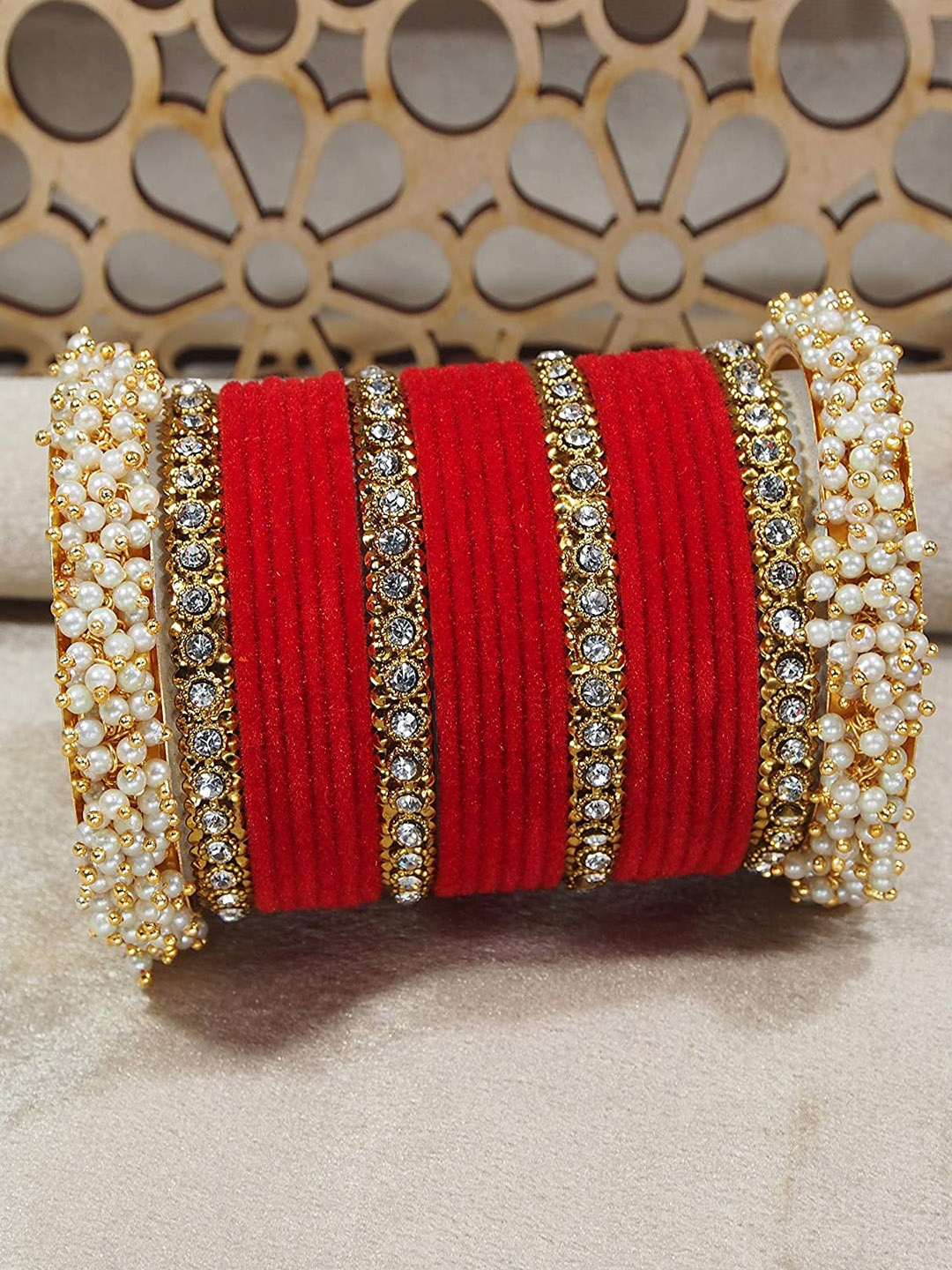 

The Pari Set of 24 Gold-Plated Stone-Studded & Beaded Alloy Bangles, Red