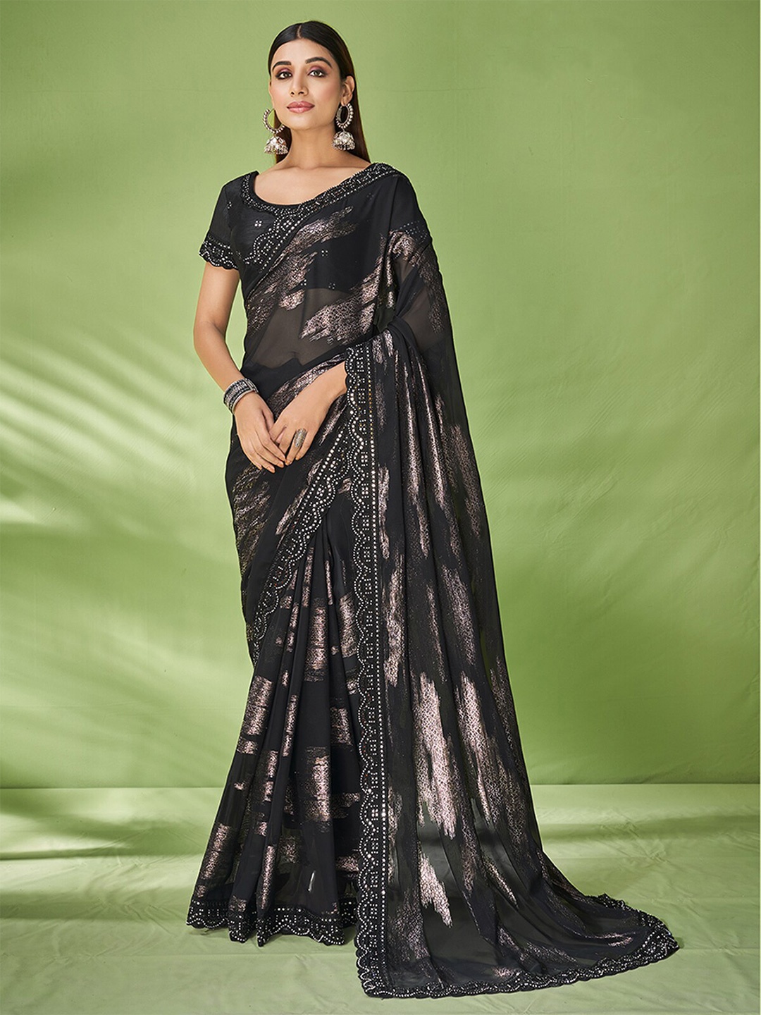 

ODETTE Embellished Scallop Border Georgette Saree, Black