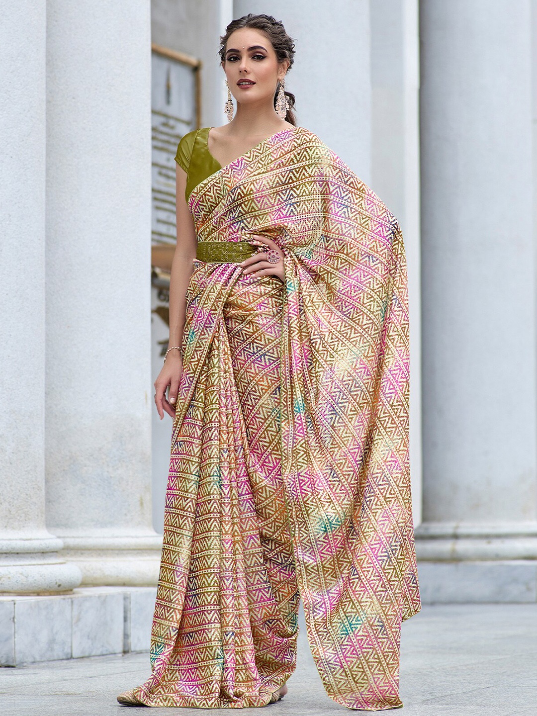 

ODETTE Geometric Printed Saree, Beige