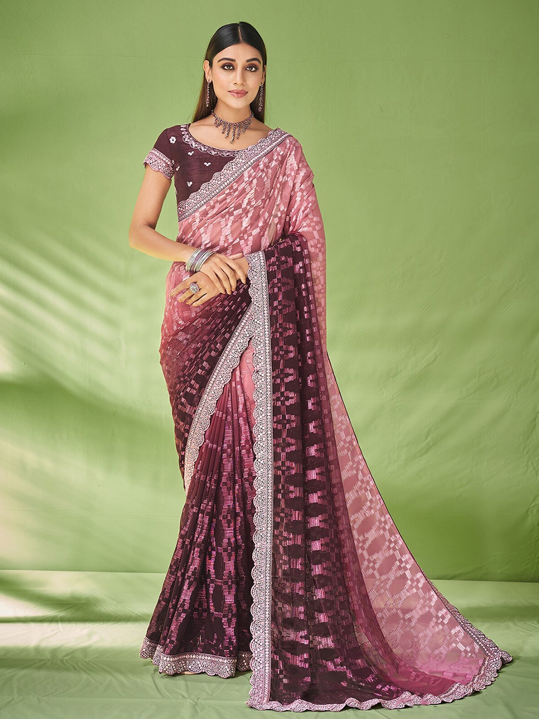 

ODETTE Woven Design Schiffli Georgette Saree, Purple