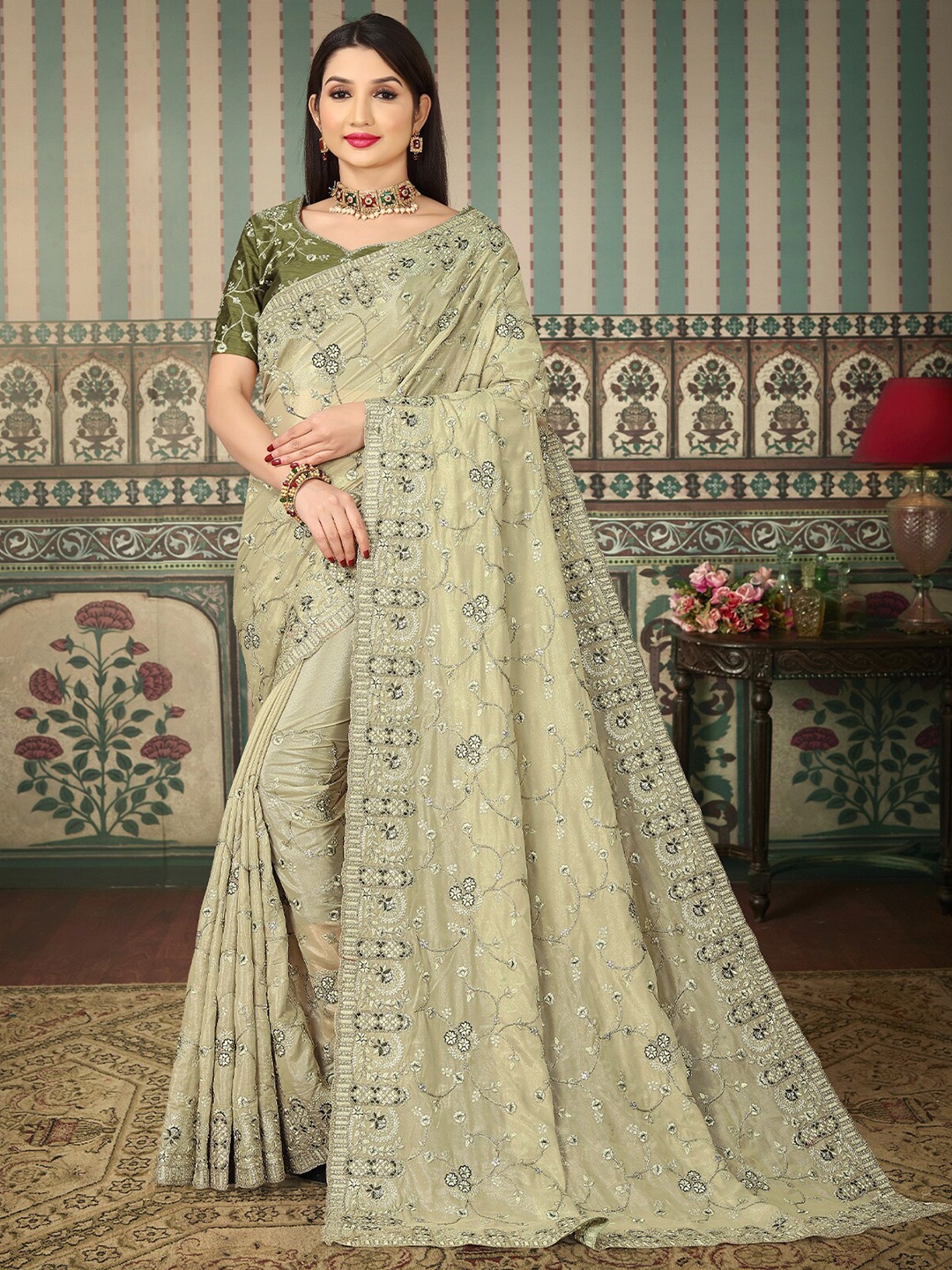 

ODETTE Floral Embroidered Saree, Olive