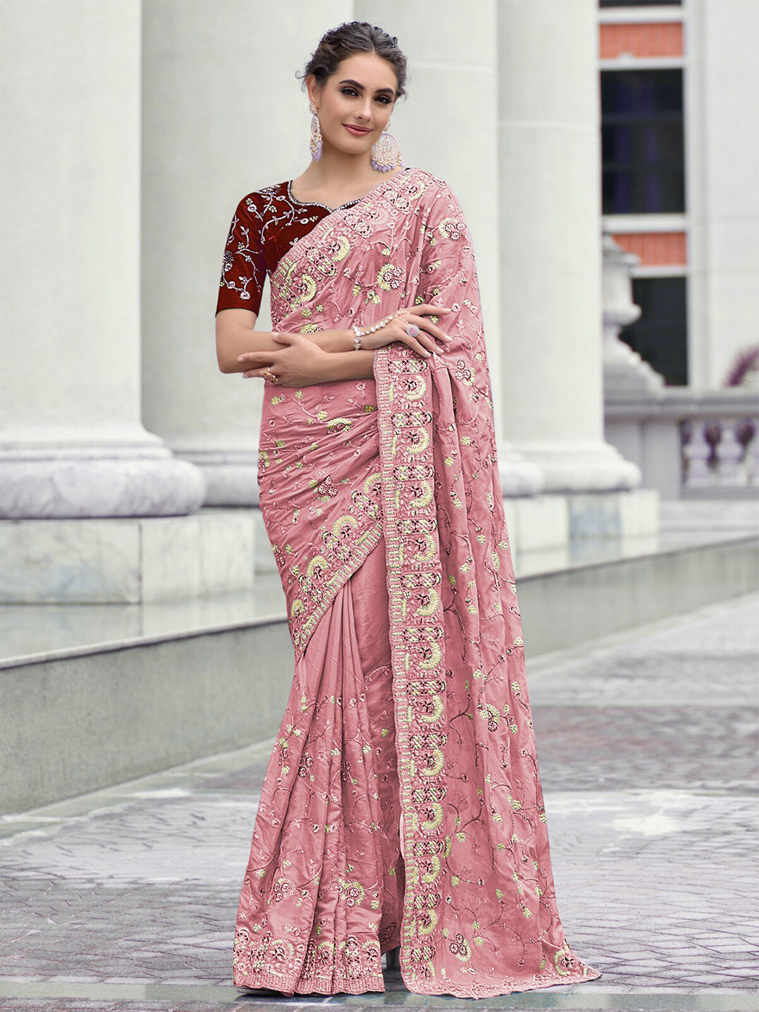 

ODETTE Ethnic Motifs Embellished Embroidered Saree, Pink