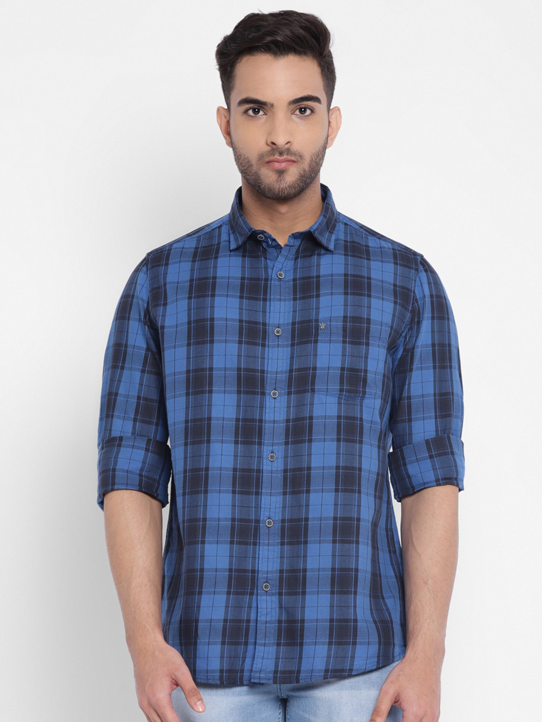 

Turtle Modern Slim Fit Buffalo Checked Pure Cotton Casual Shirt, Blue