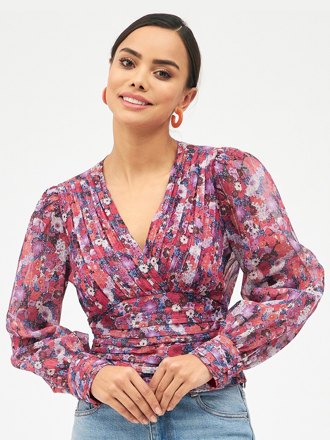 

Harpa V-Neck Floral Print Chiffon Wrap Top, Purple