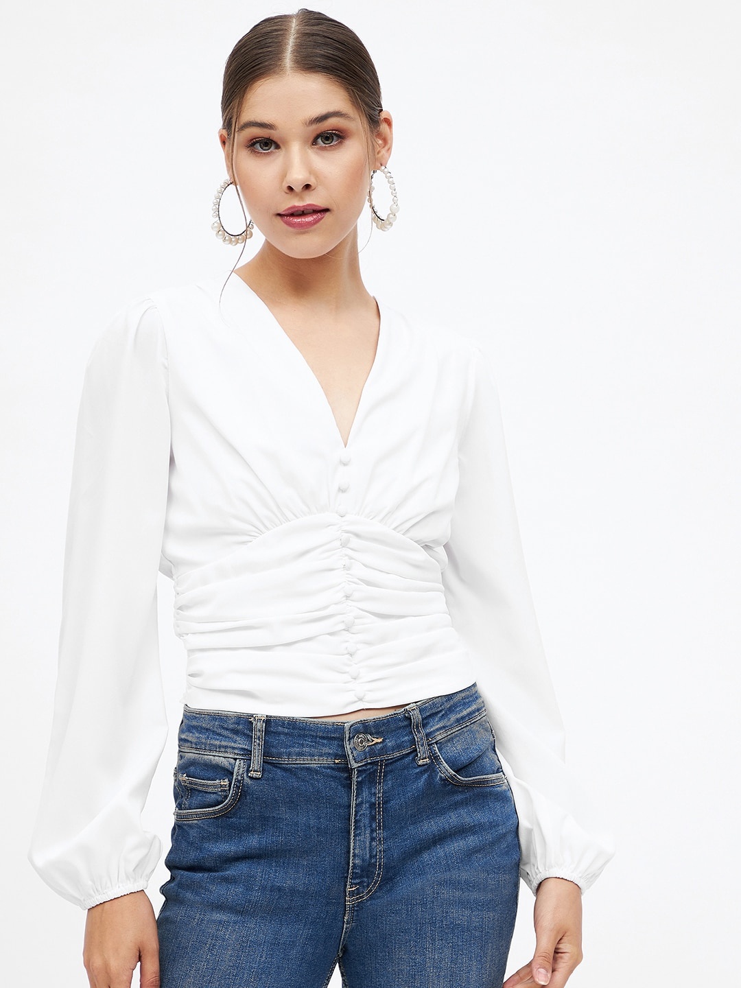 

Harpa Puff Sleeves Gathered Cinched Waist Top, White