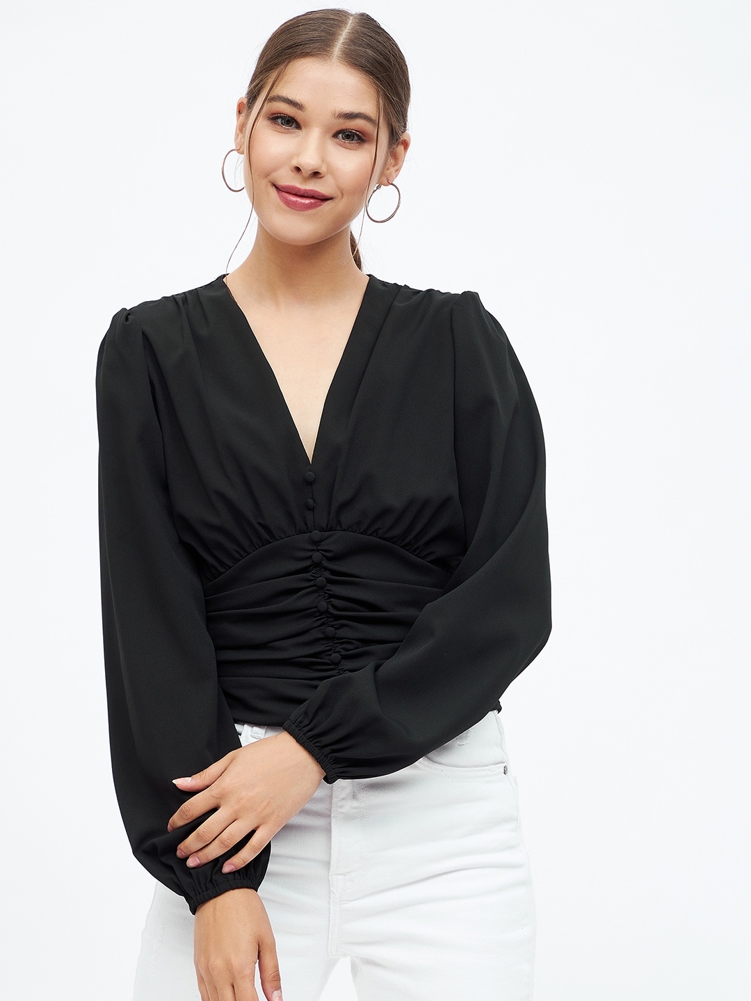 

Harpa Gathered Puff Sleeves V-Neck Top, Black