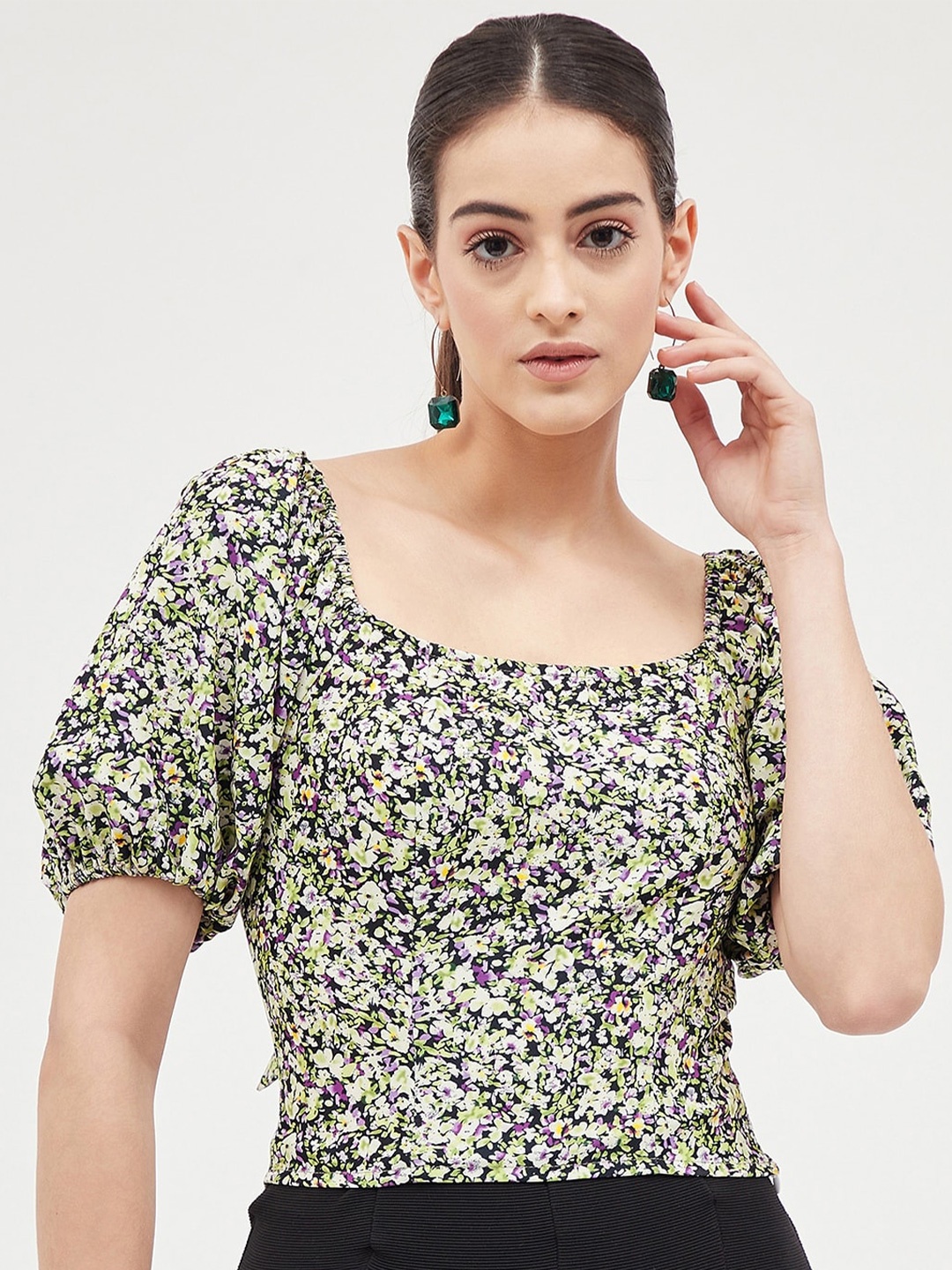 

Harpa Square Neck Floral Print Top, Black