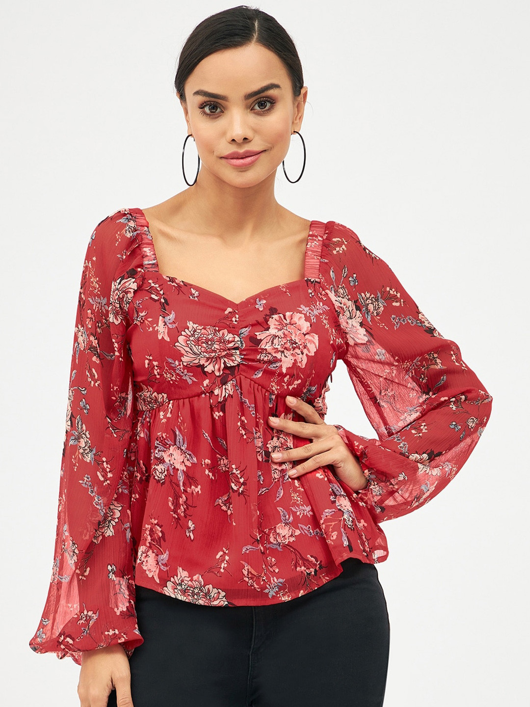 

Harpa Floral Print Sweetheart Neck Chiffon Top, Red