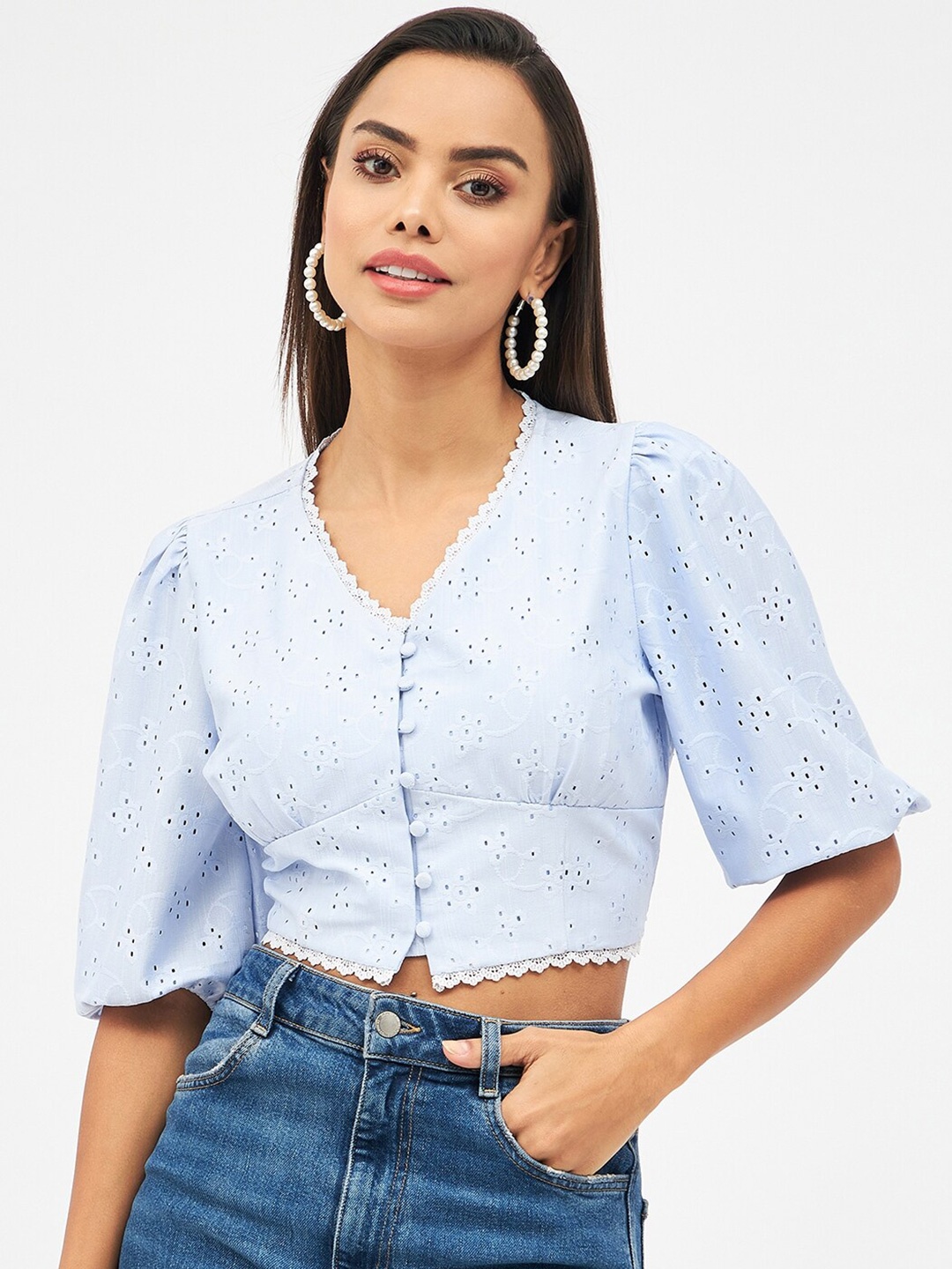 

Harpa Self Design Puff Sleeves Schiffli Cinched Waist Crop Top, Blue