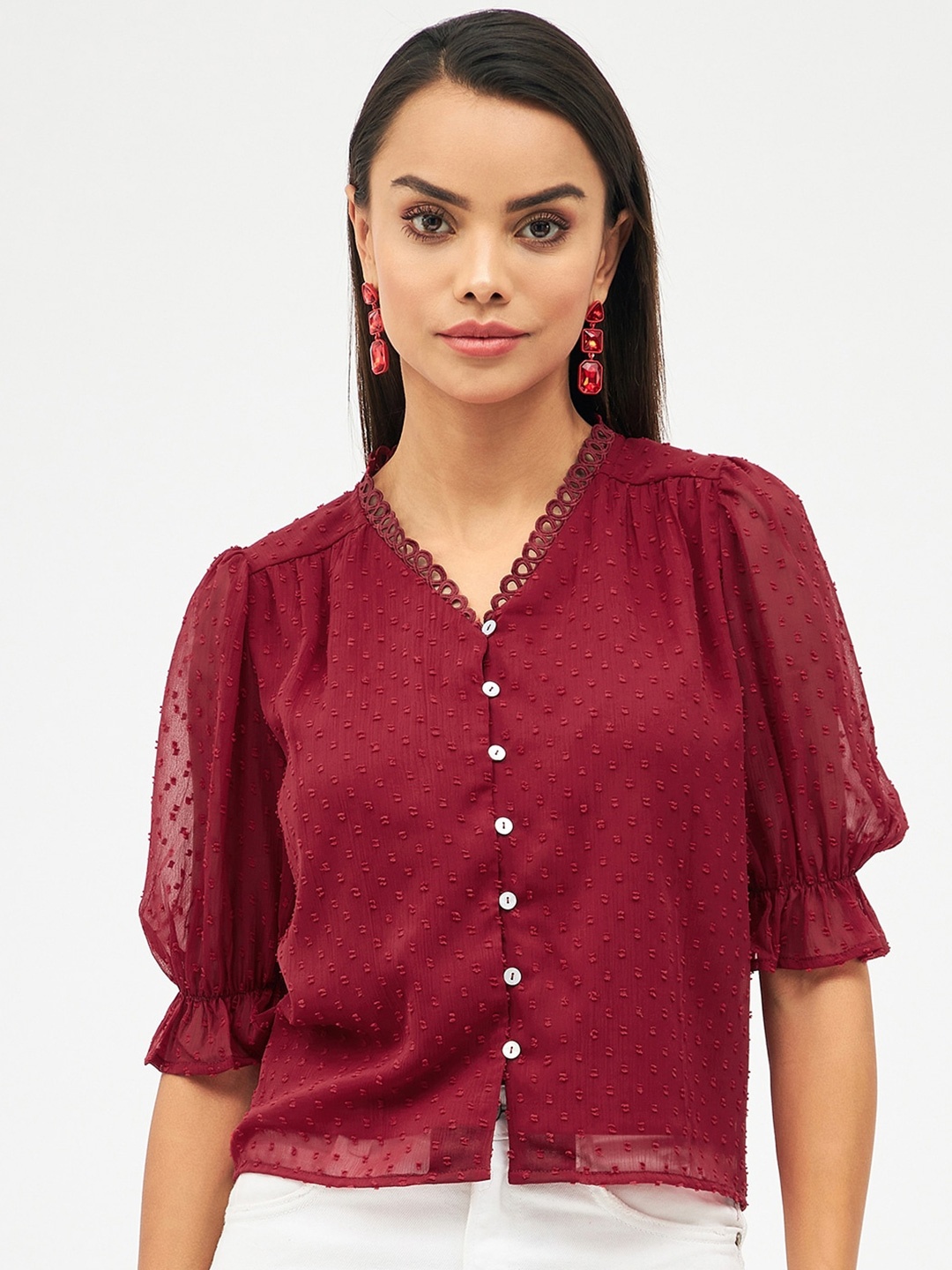 

Harpa Self Design Puff Sleeves V-Line Top, Maroon