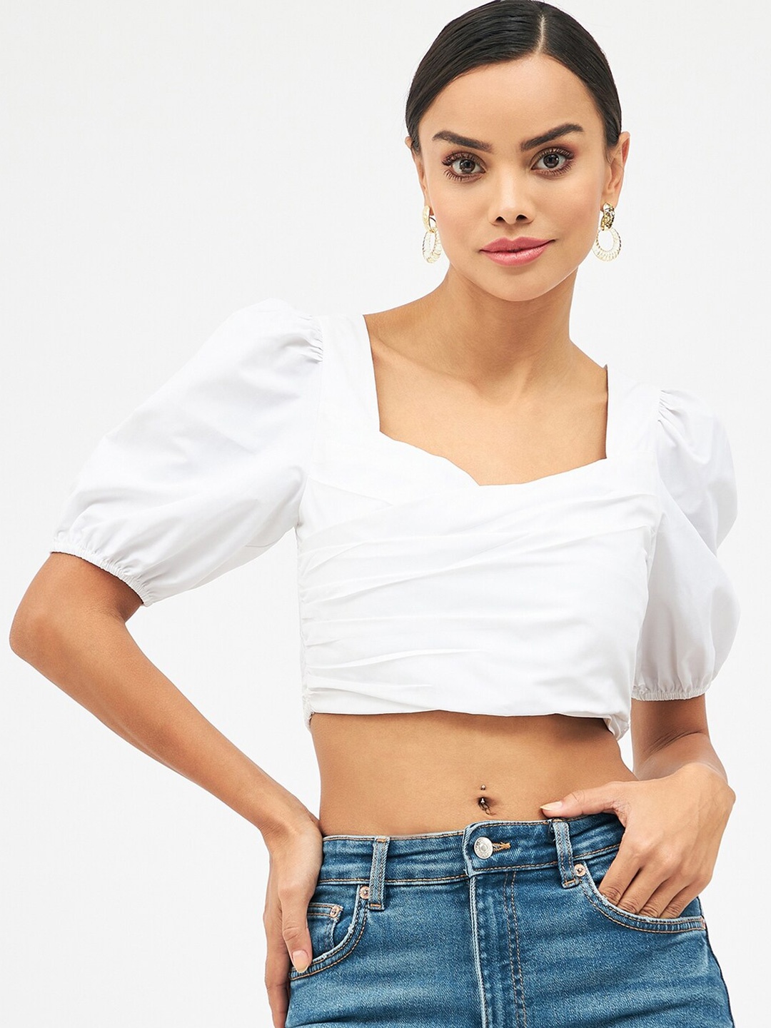 

Harpa Sweetheart Neck Crop Pure Cotton Top, White
