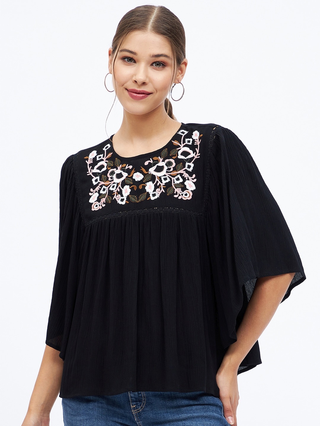 

Harpa Floral Embroidered Flared Sleeves Top, Black